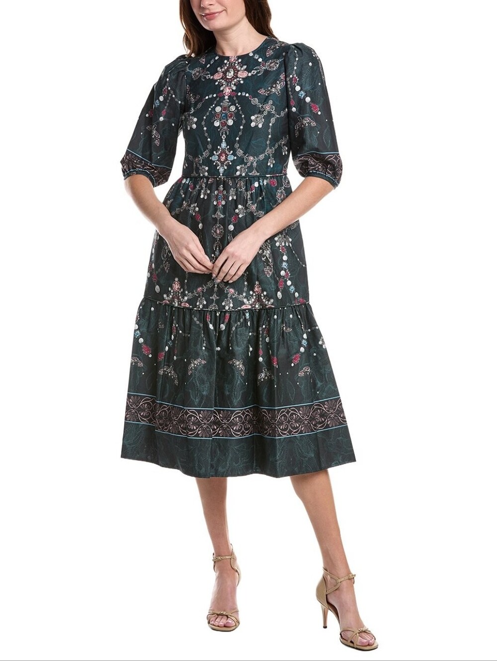10 NWT Marchesa Rosa Gunmetal DeathMoth Printed Midi Dress $495